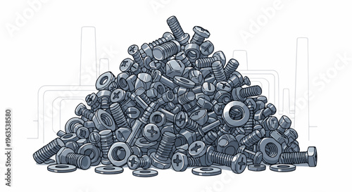 A large pile of assorted bolts, nuts, and washers in shades of gray