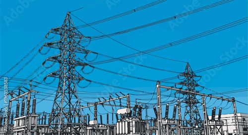 Power transmission towers and lines against a clear blue sky
