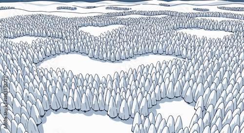 Stylized snow-covered pine forest in geometric rows