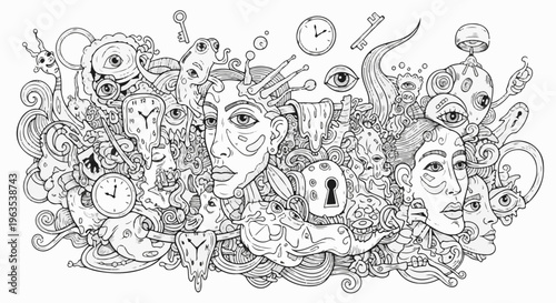 Surreal dreamscape with melting clocks, eyes, and faces, black and white