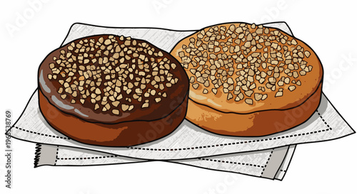 Two round pastries with crushed nuts topping, served on a napkin