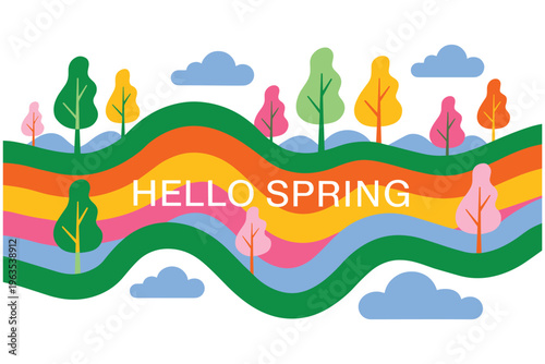 Hello spring landscape with rainbow waves and colorful trees under blue sky and soft clouds.