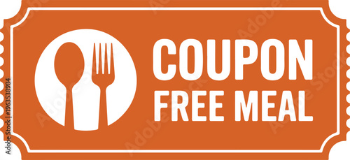 Orange coupon for free meal with fork and spoon icons in white circle for restaurant promotion marketing vector.