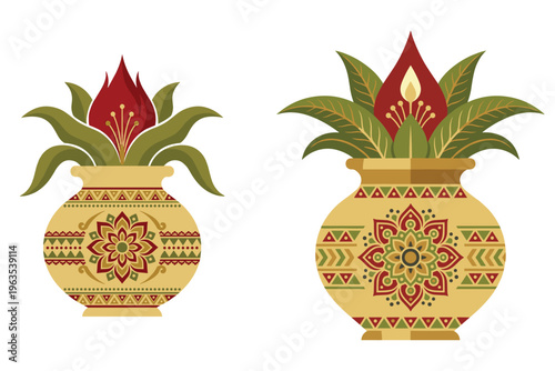 Indian traditional copper kalash with coconut and mango leaves for hindu religious ritual.