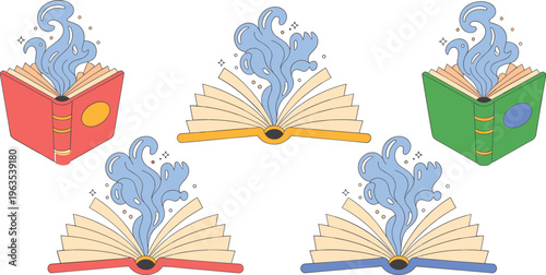 Magic open book vector set with mystical blue smoke or spirit rising from pages for fantasy story illustration.