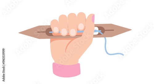 Hand holding knitting needles with yarn.