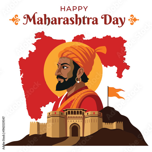 Maharashtra day greeting with Shivaji Maharaj and fort.