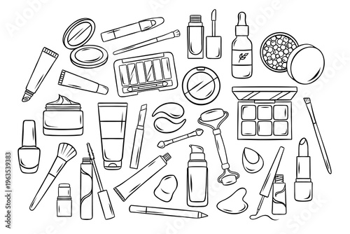 Big vector set of cosmetics, skin care, face care and makeup. Black and white icons in doodle and sketch style for beauty branding or packaging