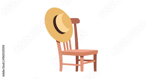 Wooden Chair with Yellow Straw Hat.