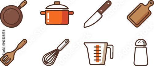Kitchen tools and cooking equipment vector icons set featuring frying pan pot knife wooden board whisk and measuring cup