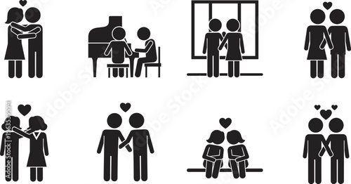Diverse couple silhouettes collection in various romantic poses including hugging playing piano and holding hands cad drawing flat vector illustration minimalist silhouette style