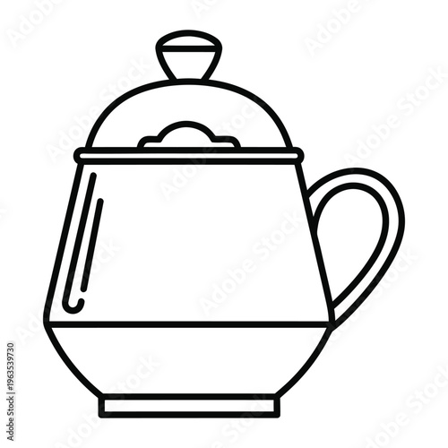 Minimalist sugar bowl vector icon, black and white kitchenware line art, ceramic sugar pot with lid and handle for cafe branding and menu design