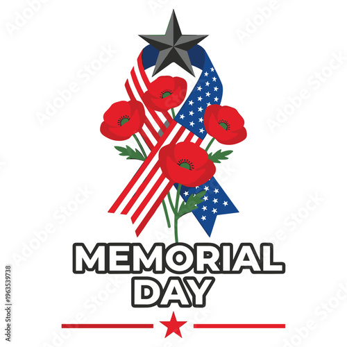 Memorial day poppies and american flag ribbons with text on a white background.