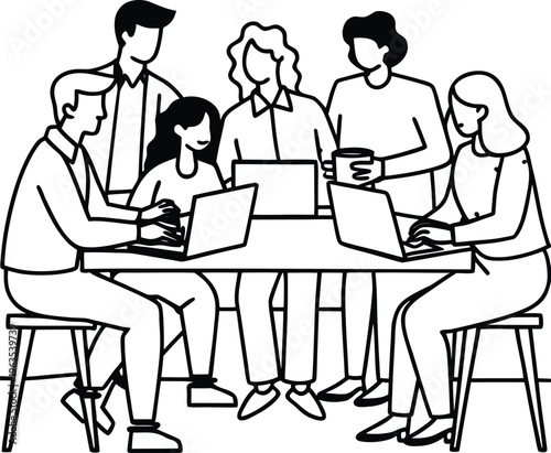 A group of diverse people collaborating on laptops around a table