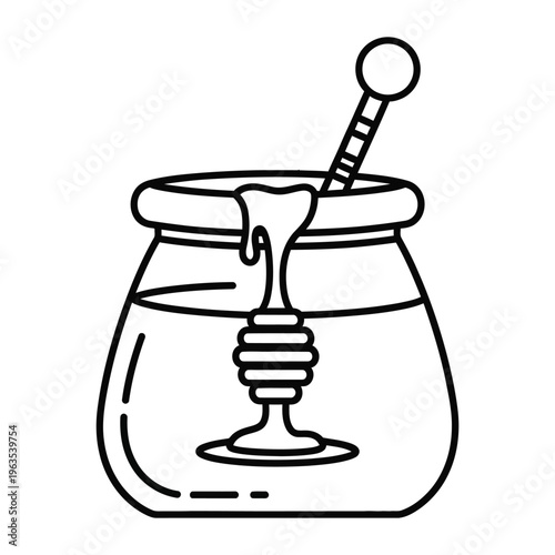 Minimalist honey jar line art vector, glass pot with wooden dipper wand, simple black and white honey container icon for organic food branding