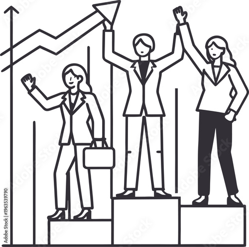 Three businesswomen standing on podium with rising graph in background achieving success