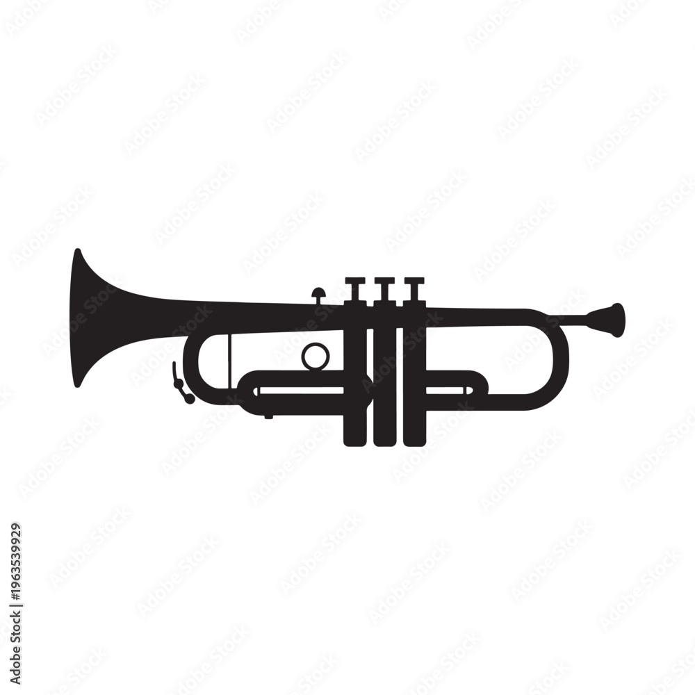 Fototapeta premium A black silhouette of a brass trumpet against a plain white background