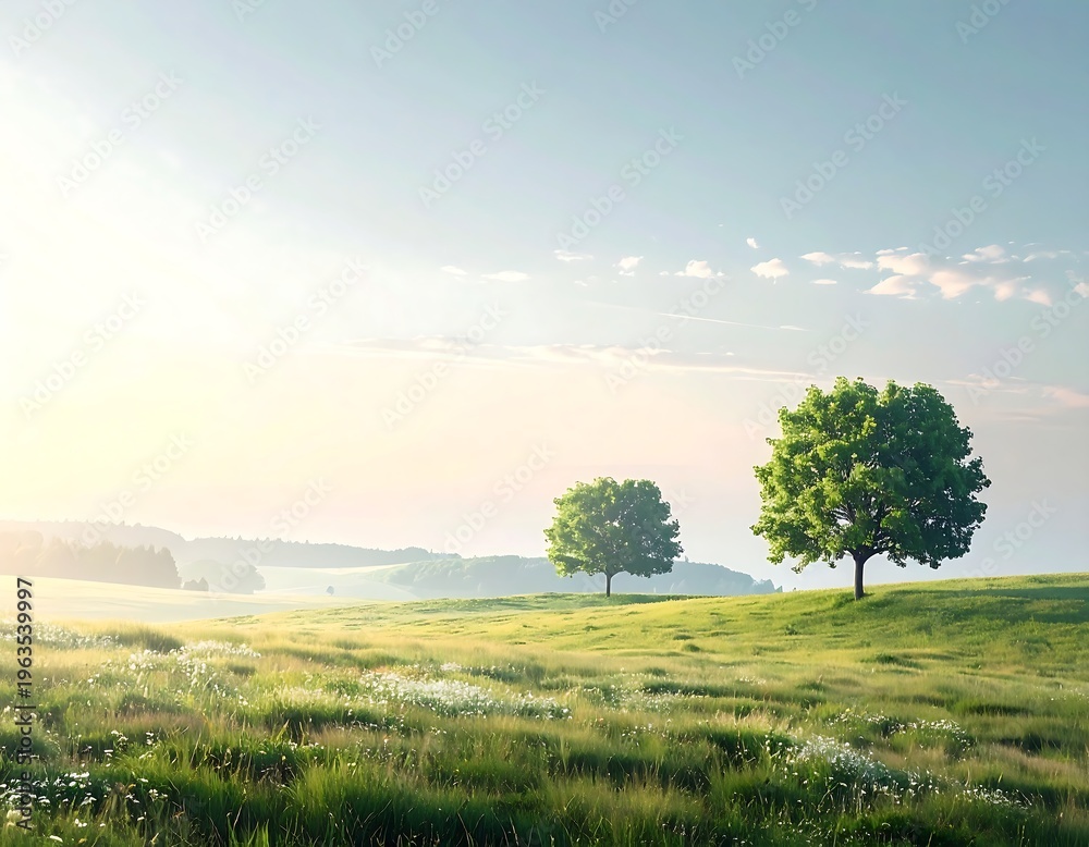 Fototapeta premium Two trees stand on a green hill with grass and flowers under a sunny blue sky with clouds at sunrise