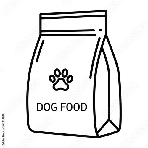Minimalist dog food bag vector icon, black line art pet food packaging with paw print, dry kibble sack illustration for pet shop branding