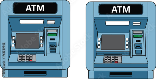 Automated teller machine ATM vector illustration set for banking financial services and money withdrawal electronic payment concepts.