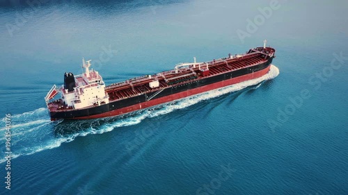 Crude oil tanker underway on vast calm blue sea, aerial view from distance showing full vessel profile with bow wave and wide wake, global energy trade