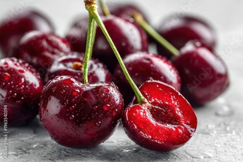 Macro close up of ripe red cherries with stems and water droplets, isolated on light background, perfect for summer fruit concept.