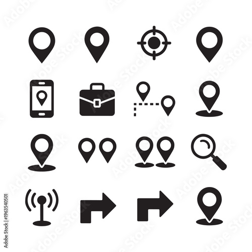 Collection of black location pins navigation and positioning symbols
