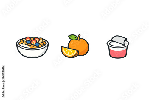A vector illustration set of healthy breakfast items including a bowl