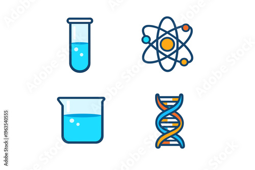 A set of four flat vector icons representing science and laboratory