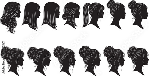 Collection of diverse woman hairstyles and hair silhouettes in side view profile cad drawing flat vector illustration minimalist silhouette for beauty salon branding