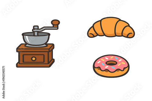 A collection of flat vector icons featuring a manual wooden coffee