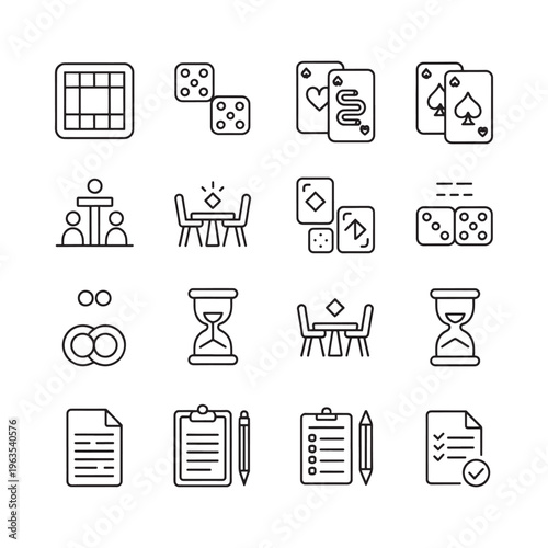 Line art icons depicting various games leisure and office elements