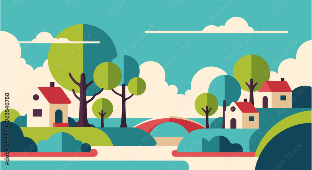 Fototapeta premium Colorful countryside landscape with houses and trees in flat illustration style for travel brochure