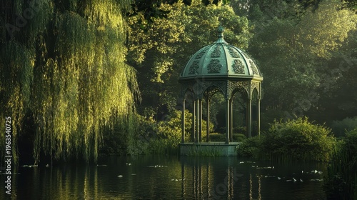 A charming lakeside gazebo surrounded by lush gardens and tranquil water reflections bathed in soft light
