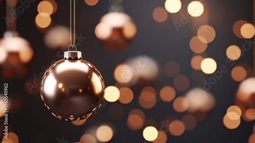 Close-up view of a shiny copper Christmas ornament hanging in front of blurred festive lights
