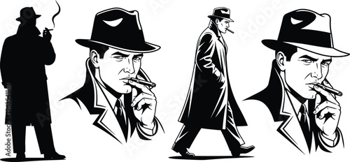 Detective noir silhouette collection, gangster outline figure, mystery motif illustration, vintage icon art, smoking design graphic, trench coat posture symbol image