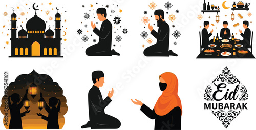Eid celebration illustration, mosque crescent moon, people praying, communal dining, lanterns, children with lights, Eid Mubarak text, Islamic cultural festival art