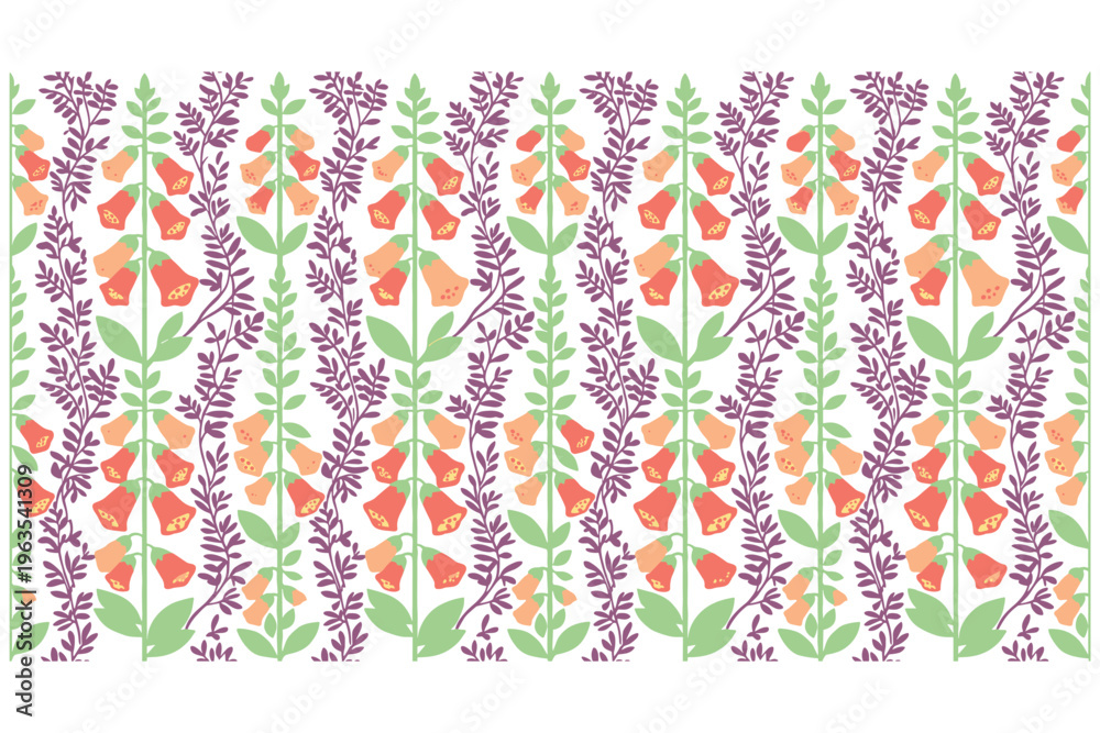 Obraz premium Seamless floral pattern with bell flowers and purple leaves on white background for fabric.