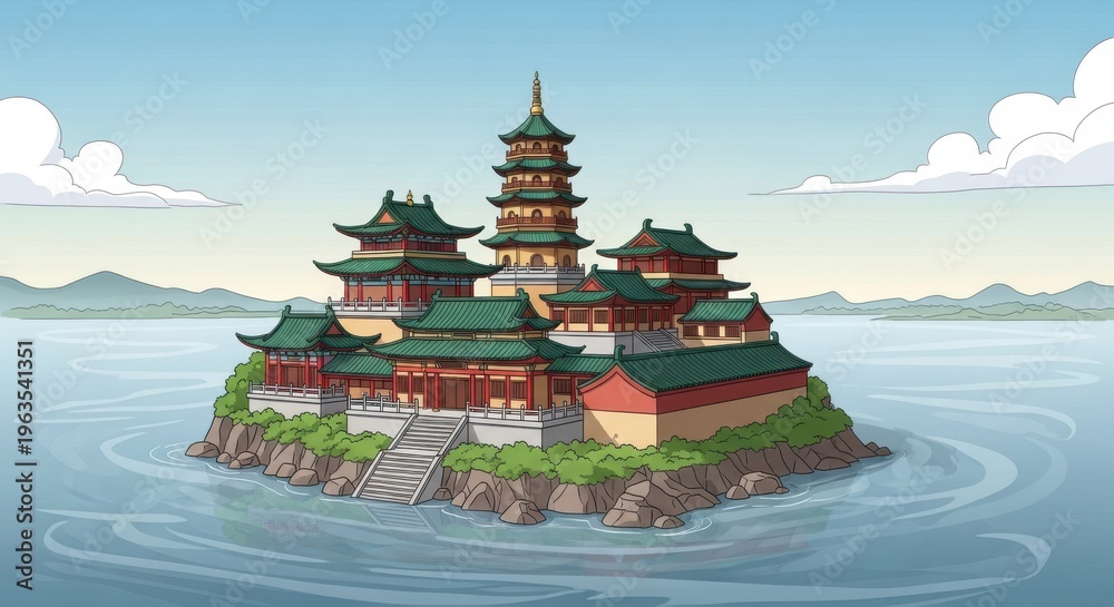 Fototapeta premium Ancient Asian architecture blends the Temple of Heaven with traditional Thai and mountain pagodas across a historic landscape featuring Japanese samurai castles and old stone palaces in Beijing
