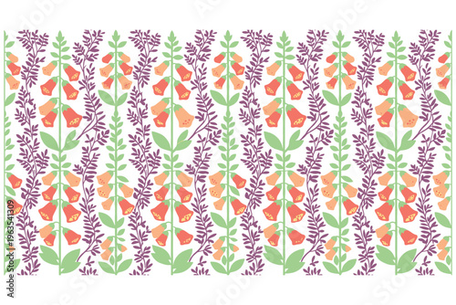 Seamless floral pattern with bell flowers and purple leaves on white background for fabric.
