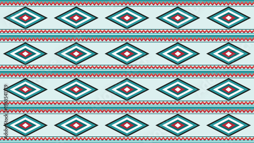 Seamless pattern featuring vibrant teal, red, white, and black geometric rhombus and zigzag stripes on a light blue background. This decorative ethnic vector illustration is perfect for