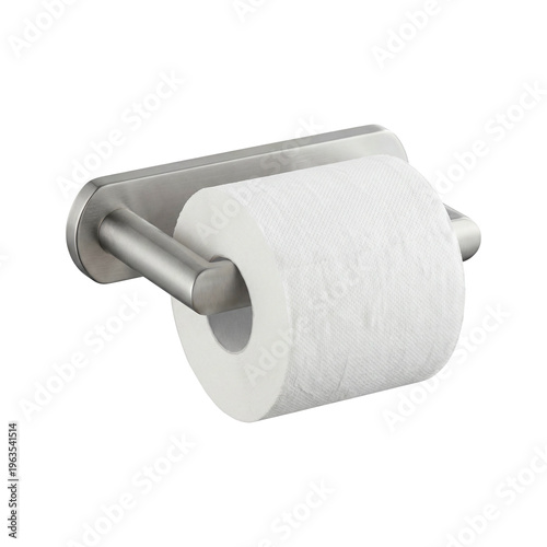 A stainless steel toilet paper holder mounted on a white background, holding a roll of white toilet paper