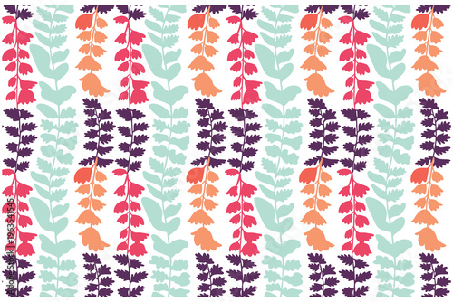 Seamless pattern with colorful flowers and leaves on a white background, flat vector illustration.