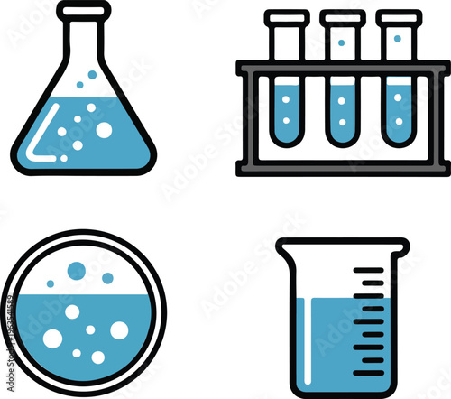 Science laboratory glassware vector icons set including erlenmeyer flask test tubes in rack petri dish and beaker