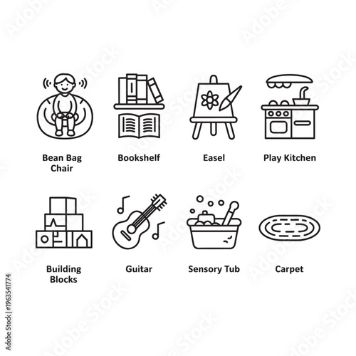 Line art icons depicting various children s play and learning elements