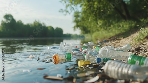 Discarded plastic bottles accumulate on the shore of a polluted river with trees in the background.