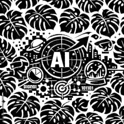 Abstract Artificial Intelligence Concept with Monstera Leaf Pattern and Digital Icons