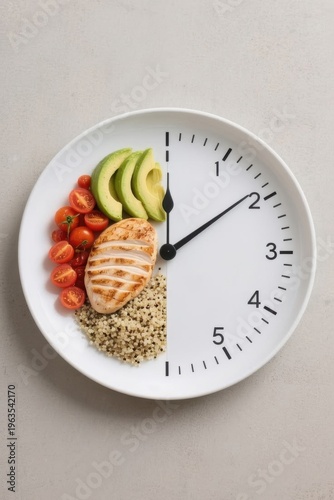 Healthy balanced meal with grilled chicken avocado tomatoes and quinoa on a white plate designed as a clock face symbolizing intermittent fasting and timed nutrition concept