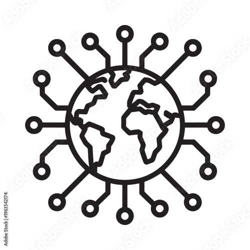 Coronavirus depiction featuring a globe encircled by spike proteins representing global impact