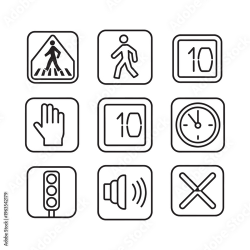Collection of nine simple black and white line art warning and informational signs